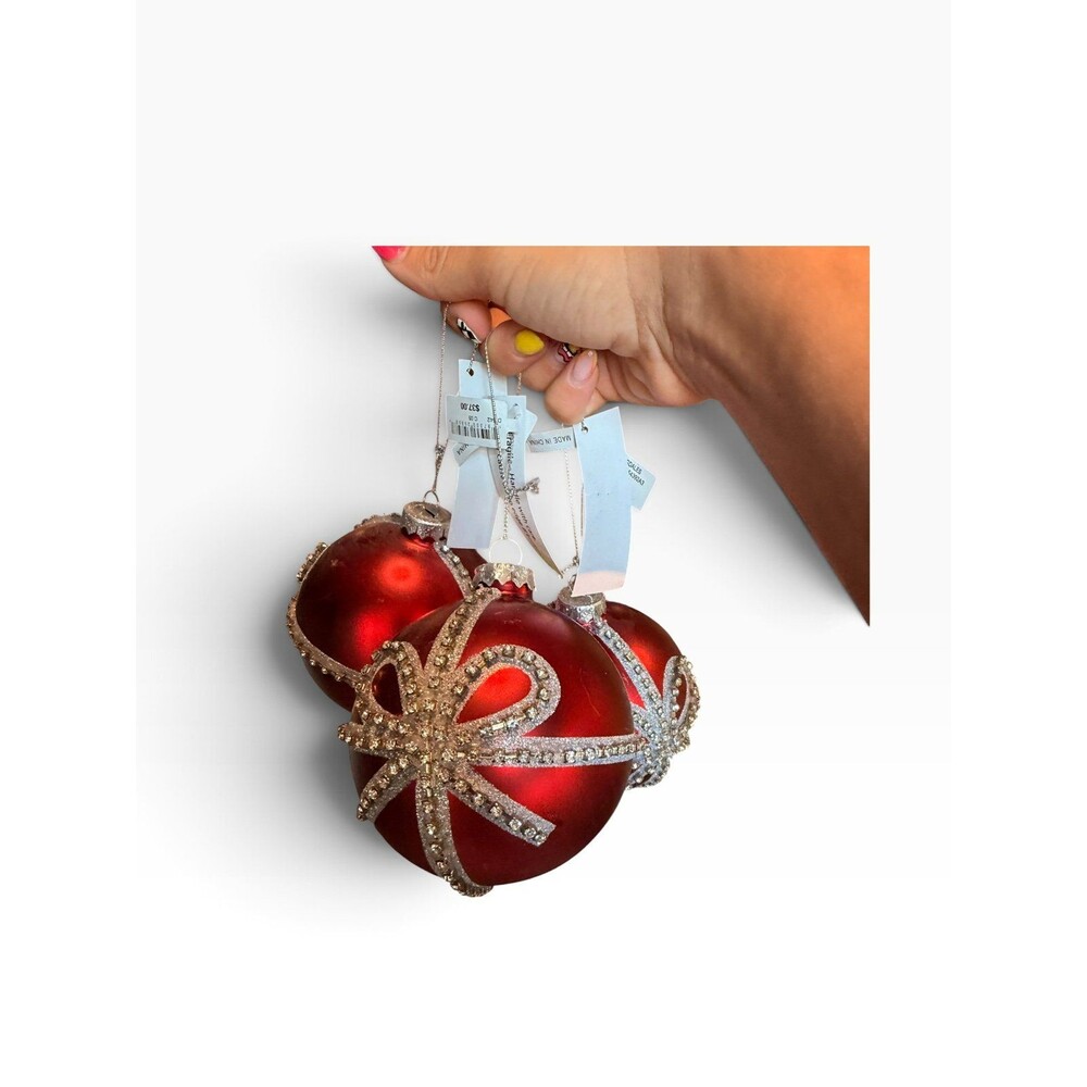 Set of 3 Bloomingdale's Rhinestone Bow Ball Red Christmas Ornaments